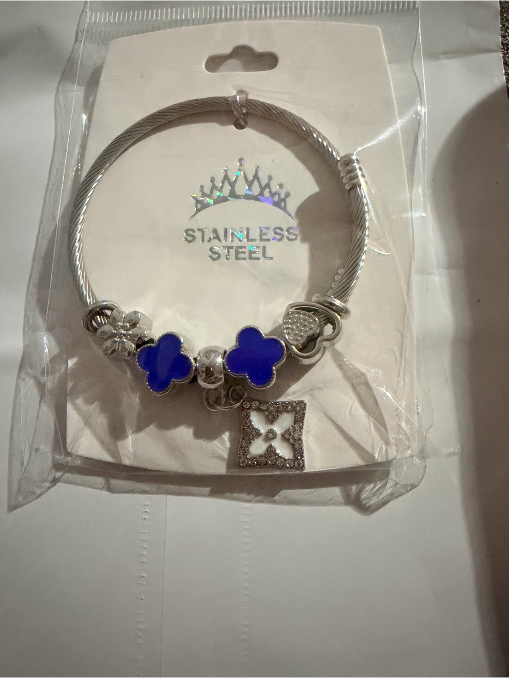 Silver Bracelet with Blue Clover Charms